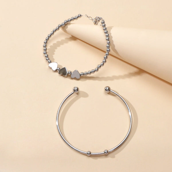2 pcs Silver Heart Chain Bracelet Open Cuff Bangle Ladies Jewellery Accessories