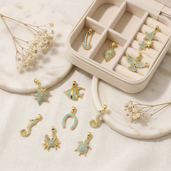 2pcs Micro Pave Blue Cubic Zirconia Pendants Starfish Luck Horseshoe Marine Fish Brass Charms For DIY Necklace Jewelry Making
