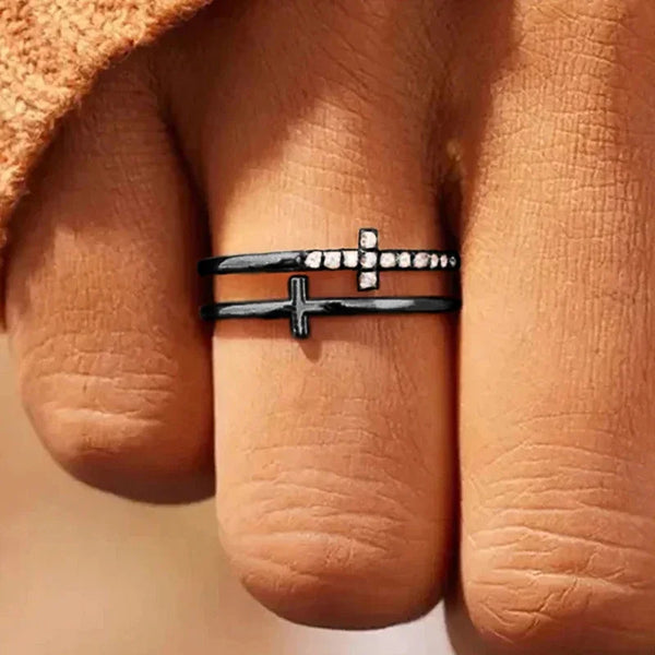 Huitan Gorgeous Rings for Women Unique Double Layer Cross Design Finger Accessories Shiny Daily Low-key Exquisite Office Jewelry