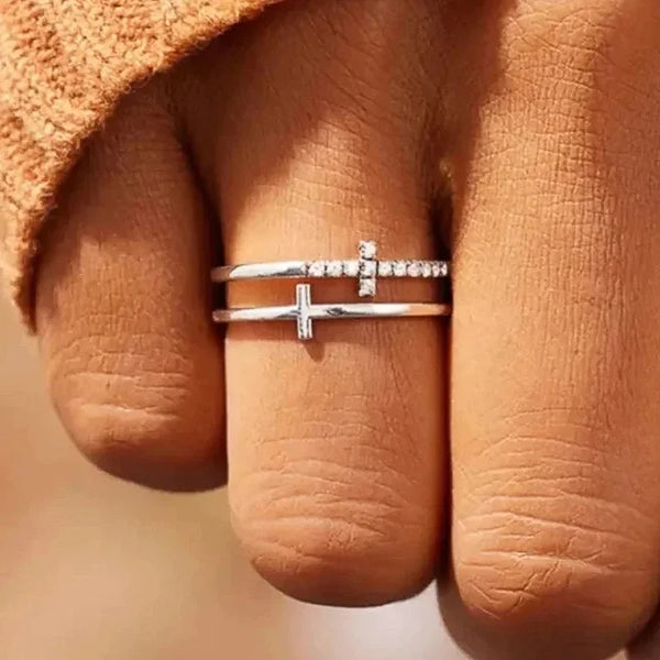 Huitan Gorgeous Rings for Women Unique Double Layer Cross Design Finger Accessories Shiny Daily Low-key Exquisite Office Jewelry