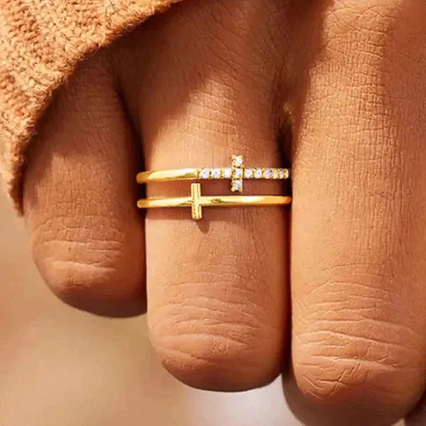 Huitan Gorgeous Rings for Women Unique Double Layer Cross Design Finger Accessories Shiny Daily Low-key Exquisite Office Jewelry